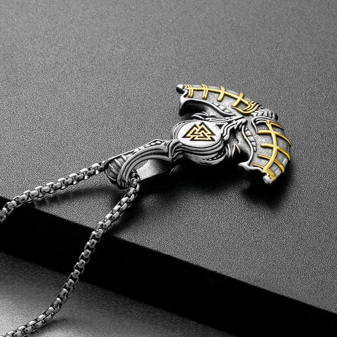 Viking Axe Pendant Necklace Stainless Steel Valknut Rune Retro Punk Thor Axe Jewelry For Men