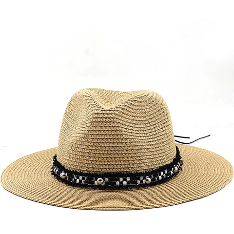 Women Fedora Straw Hat Paper Sun Protection Summer Beach Vacation Jazz Style With Ribbon Metal Studs Adjustable
