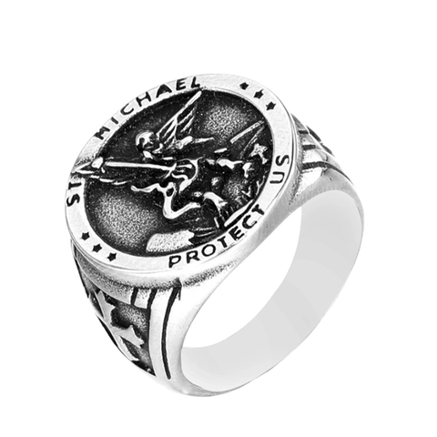 Anillo De Sello Arcángel San Miguel Protégenos Acero Inoxidable Religioso Vintage Punk Joyería De Escudo Para Hombre