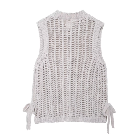 Women Chunky Open Knit Sweater Vest Sleeveless Round Neck Gold Buttons Side Tie Casual Retro Style Solid Color Polyester