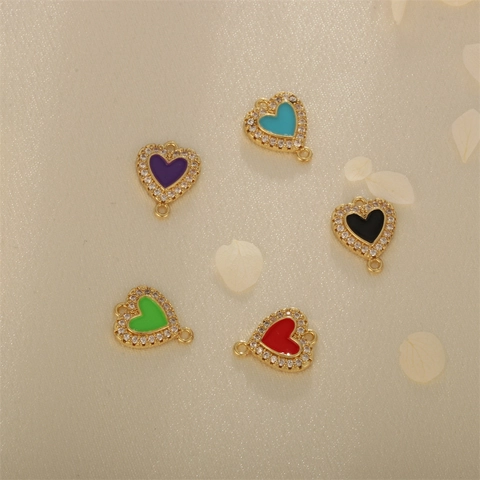 Dijes De Corazón De Cobre Chapado En Oro Con Circonitas Y Esmalte Bisutería DIY Conectores De Corazón Coloridos