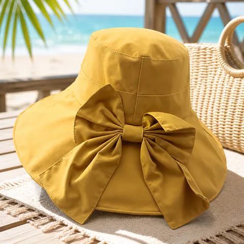 Women Sun Protection Bucket Hat Large Brim Bowknot Beach UV Protection Breathable Cotton Polyester Sun Hat Summer Outdoor Vacation