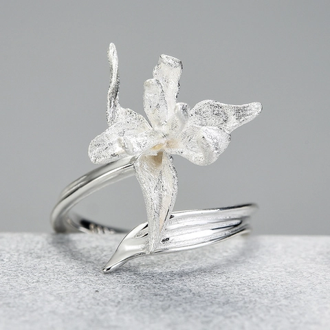 Handmade Iris Flower Ring 925 Sterling Silver 18K Gold Plated Adjustable Open Statement Jewelry For Women Vintage