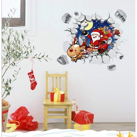 Weihnachtsaufkleber Weihnachtsmann Schlitten Rentier PVC Wandaufkleber Mit Dreidimensionalem Effekt Für Wohnzimmer Dekoration