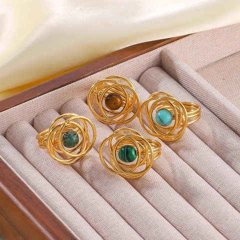 Vintage Court Style Stainless Steel Ring 18K Gold Plated Wire Wrapped Natural Stone Tiger Eye Inlaid Hollow Geometric Jewelry