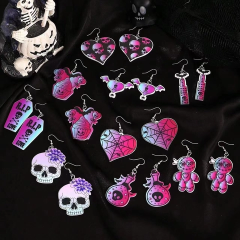 Halloween Earrings Acrylic Alloy Skull Bat Spider Web Gothic Dark Style Novelty Dangle Hook Ear Jewelry For Women
