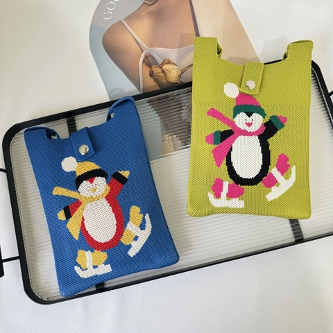 Piccola Borsa A Tracolla Per Telefono In Maglia Con Pinguino Cartone Animato Donna Mini Borsa A Spalla Con Chiusura Magnetica