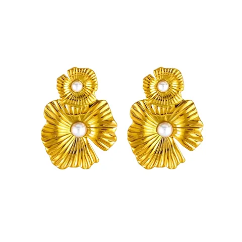 Orecchini Pendenti Floreali In Acciaio Inossidabile Placcati Oro 18K Con Perla Artificial Bianca Gioielli Vintage Per Donna