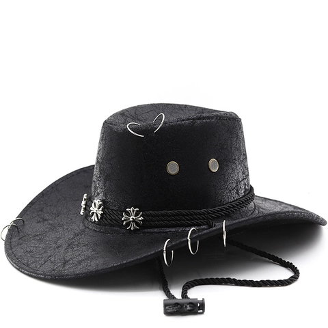 Cappello Da Cowboy Western Vintage Texture Ecopelle Invecchiata Tesa Larga Ciondoli In Metallo Croce Corda Antivento Regolabile