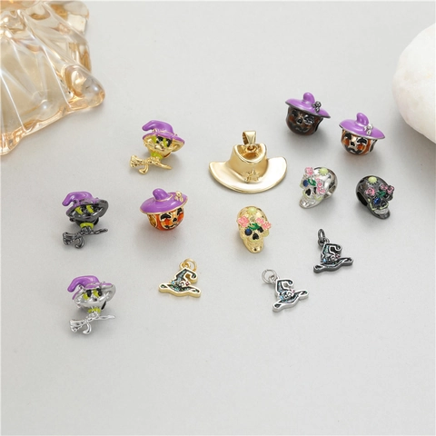 Halloween Charms Pendants For Jewelry Making Copper Enamel Skull Pumpkin Witch Hat Wizard Vintage Punk DIY Accessories