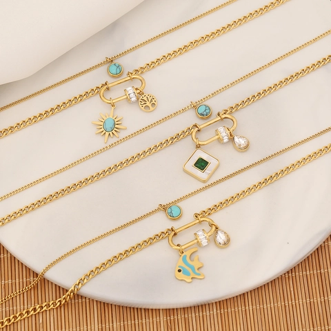 Double Layer Stainless Steel Necklace For Women Turquoise Pendant Hexagram Snake Fish Charms Personalized Trendy Jewelry