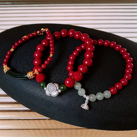 S925 Sterling Zilveren Kralenarmband Met Cinnaber En Hetian Jade Vintage New Chinese Style Bloemhanger Voor Dames