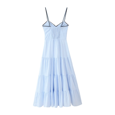 Damen Gestreiftes V-Ausschnitt Camisole Maxikleid Ärmellos Gestuftes Tortenrock Polyester Spitzenbesatz Elegant Lässig