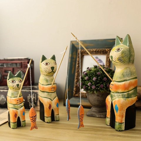 Nordic Style Wooden Fishing Cat Figurines Set Hand Painted Animal Statues For Home Living Room Study Desktop Office Decor Gift