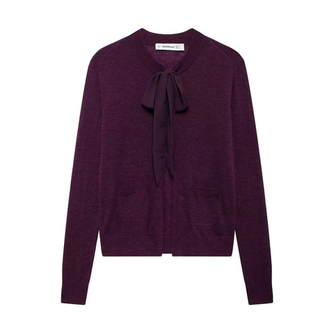 Cárdigan De Punto Para Mujer Suéter Con Lazo Cuello Redondo Manga Larga Poliéster Color Sólido Elegante Estilo Urbano Top Con Bolsillos