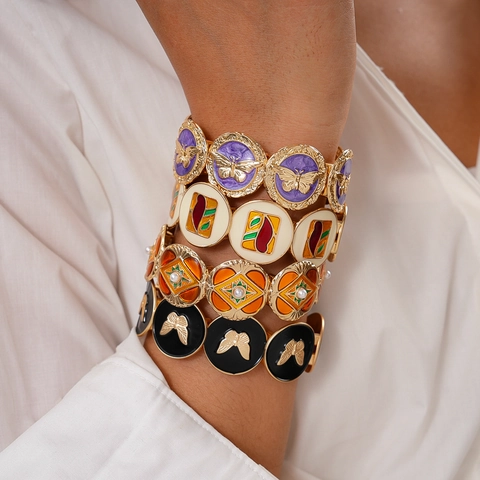 Bracciale Elastico In Lega Smaltata Retro Boho Donne Farfalla Colorata Perla Artificial Sintetica Gioielli Geometrici
