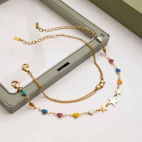 Star Charm Bracelet And Colorful Enamel Heart Chain Gold Plated Stainless Steel Adjustable Jewelry For Women Minimalist