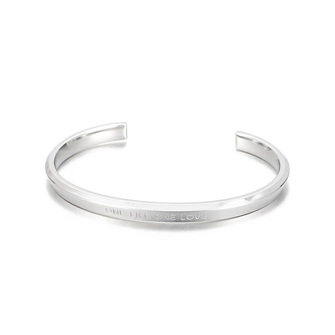 Minimalist Stainless Steel Cuff Bracelet With One Life One Love Engraved Inspirational Quote Open Bangle For Women