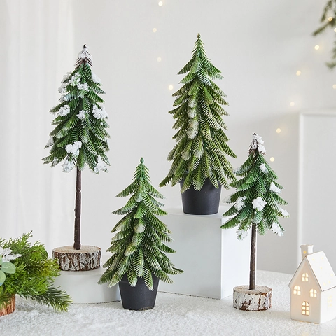 Mini Artificial Christmas Tree Frosted PE Needle Desktop Ornament Potted Faux Snow Festive Holiday Home Table Decor