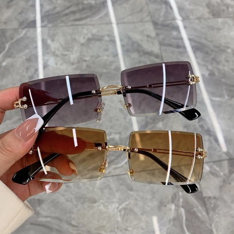 Occhiali Da Sole Rettangolari Senza Montatura Montatura In Metallo Lenti Sfumate Decoro Strass Moda Protezione UV400
