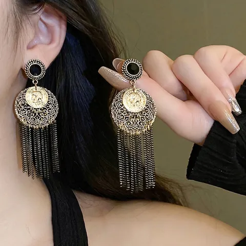 Vintage French Coin Tassel Drop Earrings Alloy Rhinestone Geometric Hollow Out With 925 Sterling Silver Earring Post