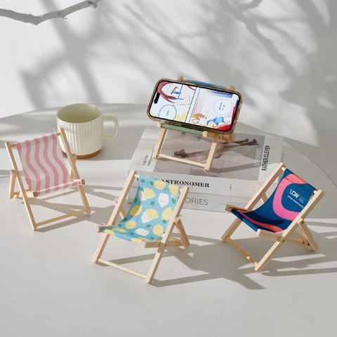 Mini Folding Beach Chair Phone Holder Wood And Canvas Portable Adjustable Stand Cute Desktop Ornament For Home Office