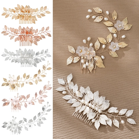 Pettine Per Capelli Da Sposa Fatto A Mano Foglia Lega Imitazione Perla Artificial Strass Vintage Matrimonio Copricapo Donne Elegante