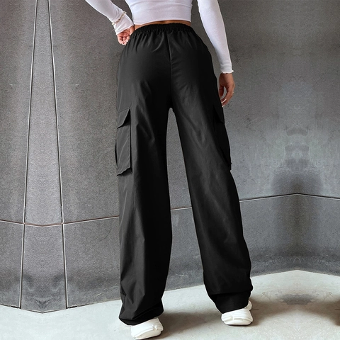 Women Cargo Pants High Waisted Elastic Waist Multi Pockets Straight Wide Leg Streetwear Casual Polyester Trousers