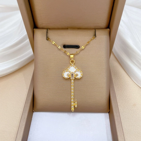 Key Pendant Necklace Titanium Steel Chain Copper Micro Inlaid Rhinestone White Enamel Elegant Clavicle Chain For Women