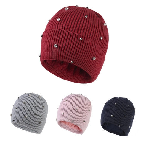 Women Winter Knit Beanie Fleece Lined Warm Ribbed Hat Rhinestone Faux Artificial Pearl Decor Chic Elegant Accessory