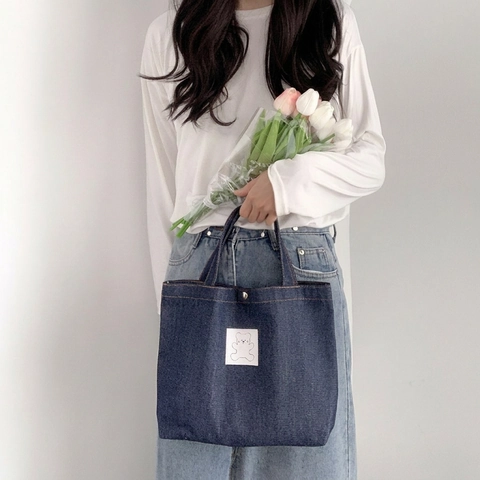 Borsa Da Donna In Denim Blu Con Toppa Orso Stampa Di Lettere Chiusura Magnetica Stile Giapponese Borsa Casual Per Pranzo