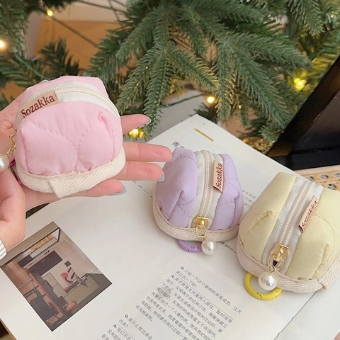 Quilted Mini Earphone Case Pouch Macaron Color Zipper Coin Purse With Artificial Pearl Pendant Soft Portable Storage Small Bag
