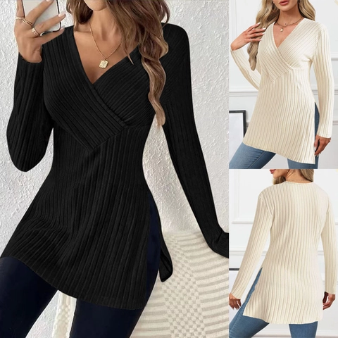 Women's Casual V Neck Long Sleeve Ribbed Knit Top Solid Color Slim Fit Side Slit Pullover Sweatshirt For Autumn Winter