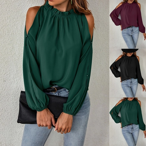 Women's Elegant Solid Color Cold Shoulder Long Sleeve Pleated Blouse Casual O-Neck Pullover Shirt Top