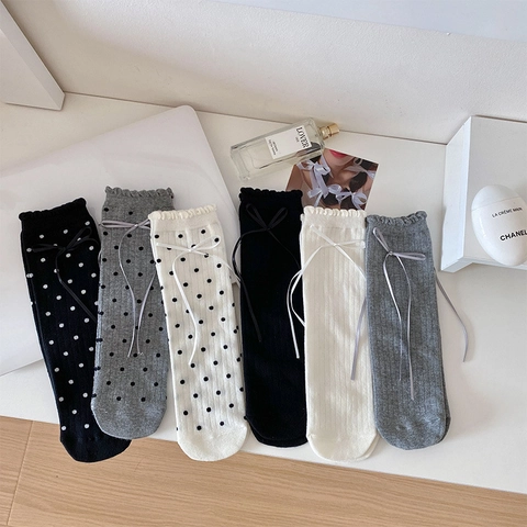 Damen Wadenlange Socken Baumwolle Rippenstrick Punktemuster Schleife Rüschensaum Japanischer Süßer Stil