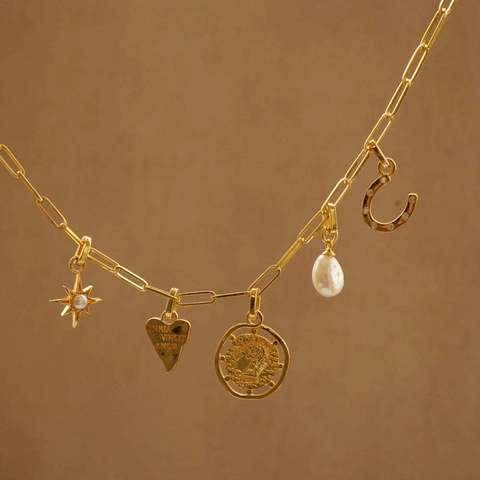 Collana con Pendente a Cuore e Moneta in Acciaio Inossidabile per Donna Uomo Vintage Placcato Oro 18K Pietra Naturale Perla d'Acqua Dolce Zirconia