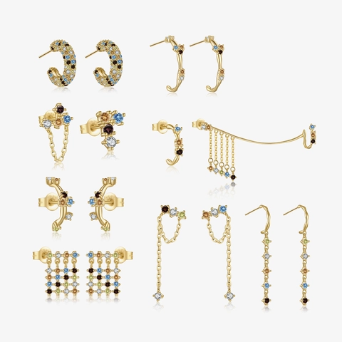 925 Sterling Silver Jewelry Set For Women With Colorful Zircon Inlaid Tassel Geometric Style Trendy Luxury Gift Design