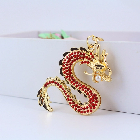 Portachiavi con Drago in Stile Cinese Ciondolo per Borsa in Lega di Zinco con Strass e Perla Artificiale Portachiavi Placcato Oro Gioielli Regalo