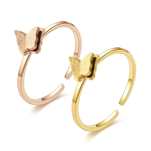 Elegante Titanium Staal Vlinder Open Ring Voor Dames 18K Verguld Luxe Gematteerde Vlinder Verstelbare Vingerring Mode Sieraden