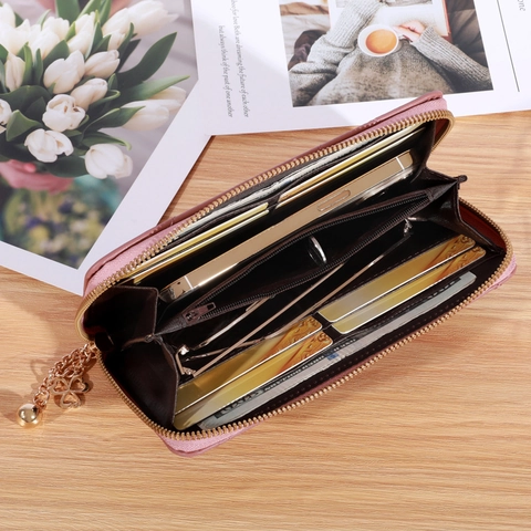 Damen Geldbörse Lang PU Leder Gesteppt Rautenmuster Reißverschluss Handtasche Mit Handschlaufe Kleeblatt Anhänger Große Kapazität Kartenhalter