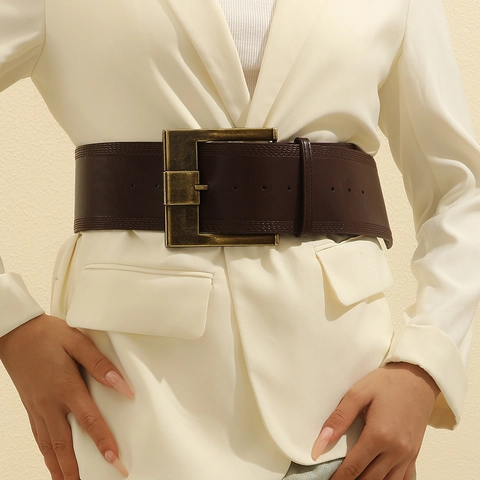 Brede Damestaille Riem Kunstleer Vintage Maillard Stijl Jurk Accessoire Retro Vierkante Gesp Dubbele Stiksels
