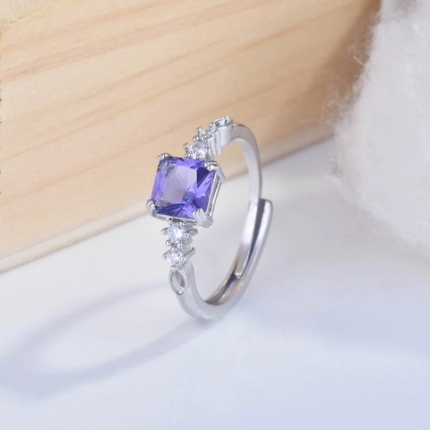 Princess Square Purple Amethyst Zircon Copper Open Ring Adjustable Elegant Versatile Jewelry Gift For Women Friends