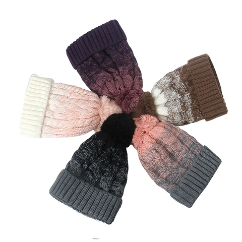 Gorro De Invierno Para Mujer Con Pompon De Piel Sintetica Punto Trenzado Acrilico Calido Grueso Forro Polar Degradado