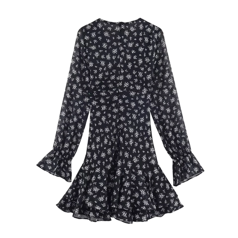 Floral Print Mini Dress Women Deep V Neck Long Ruffle Sleeve Tiered Hem Polyester Elegant Retro Style