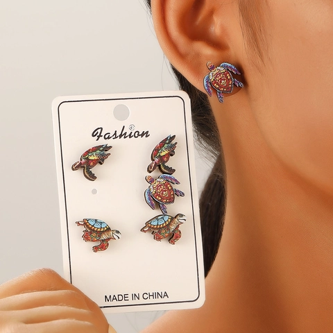Bohemian Wooden Sea Star Shell Crab Turtle Stud Earrings Set For Women Painted Marine Life Vacation Jewelry Earrings