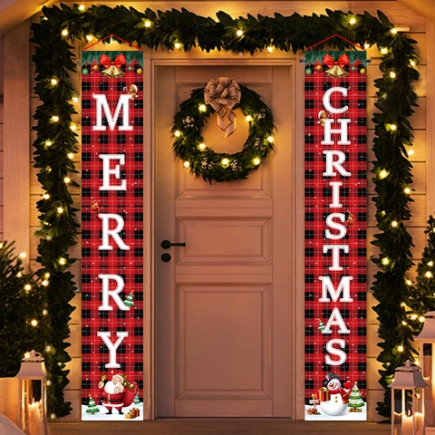 Kerst Veranda Banners Buffalo Plaid Polyester Vrolijk Kerstfeest Bord Voor Buiten Voordeur Decoratie Kerstman Sneeuwpop