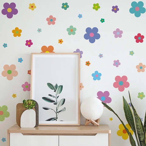 Stickers Muraux Fleurs Colorées Imperméable PVC Décalcomanies Pour Chambre Enfant Garderie Salle De Classe Minimaliste Floral