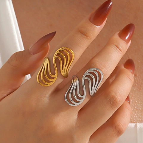 Stainless Steel Hollow Wavy Ring For Women Geometric Layered Lines Open Adjustable 18K Gold Plated Fashion Jewelry