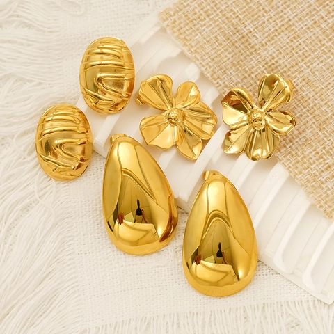 Flower Water Drop Oval Stud Earrings 18K Gold Plated 304 Stainless Steel Waterproof Hypoallergenic Women Fashion Jewelry