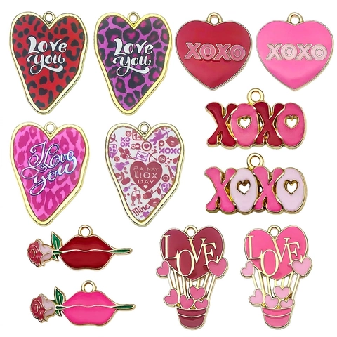 Valentijnsdag Emaille Legering Bedels Hangers Hart Roos Lippen Xoxo Vorm Voor Diy Sieraden Maken Armband Ketting